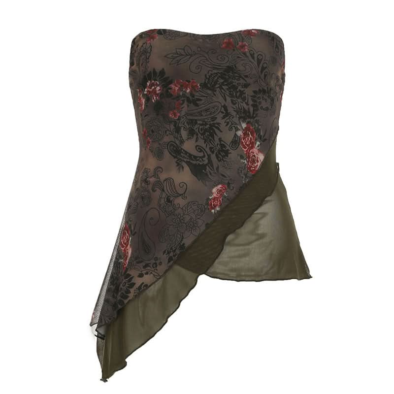 Fall Bloom Asymmetric Mesh Tube Top - Dark Floral Y2K Style