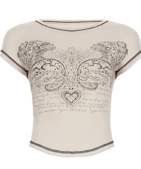 Y2K Vintage Winged Heart Graphic Tee - Contrast Stitch Fall Crop Top for Women