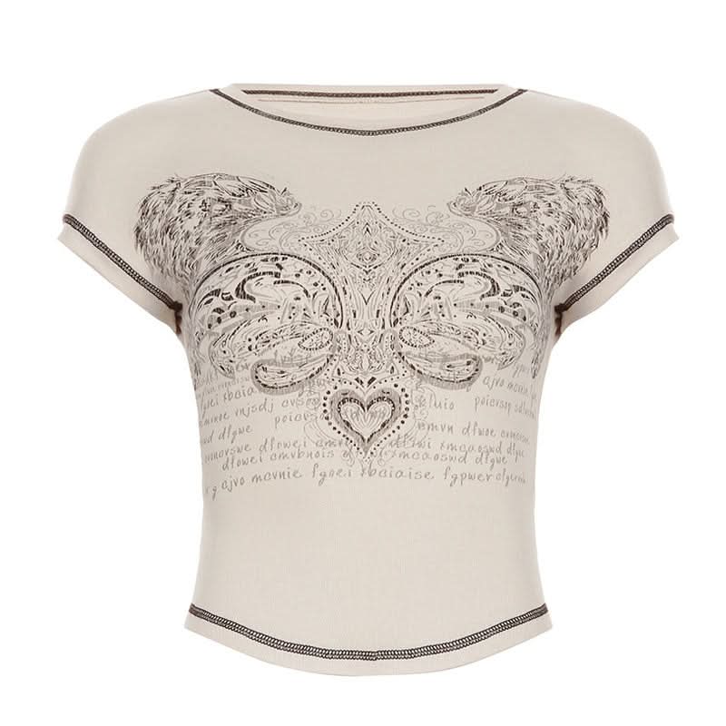 Y2K Vintage Winged Heart Graphic Tee - Contrast Stitch Fall Crop Top for Women
