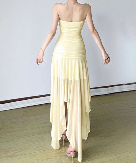 Aphrodite Ruched Backless Maxi Dress | Strapless High Slit Gown for Holiday & Resort