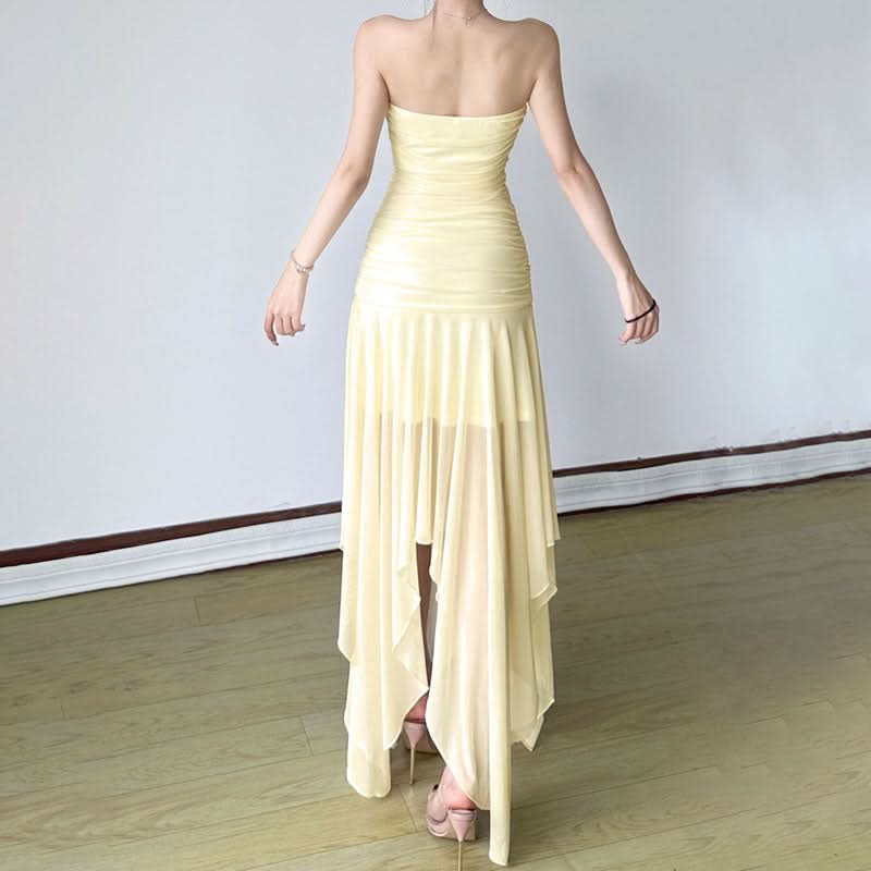 Aphrodite Ruched Backless Maxi Dress | Strapless High Slit Gown for Holiday & Resort