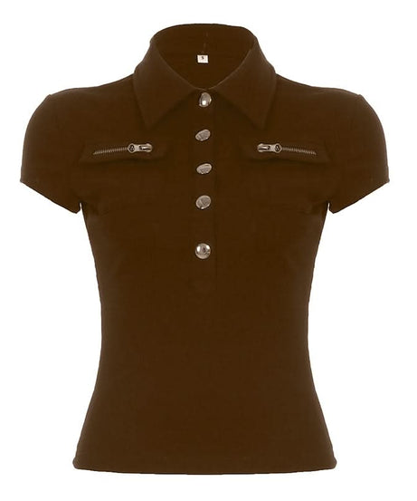 Chic Black Ribbed Knit Polo Top with Zipper & Silver Button Details | Fall Wardrobe Essential