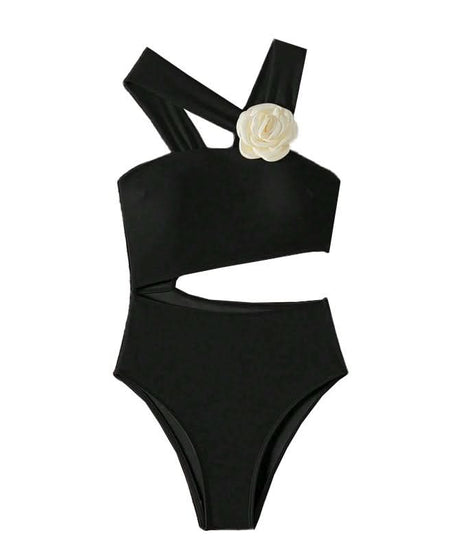 Chic Ivory Floral Cutout One-Piece Swimsuit - Flattering Asymmetrical Design for Your Next Vacation