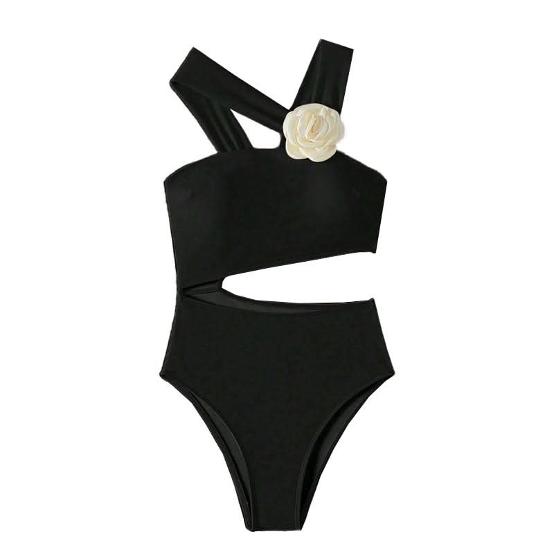 Chic Ivory Floral Cutout One-Piece Swimsuit - Flattering Asymmetrical Design for Your Next Vacation