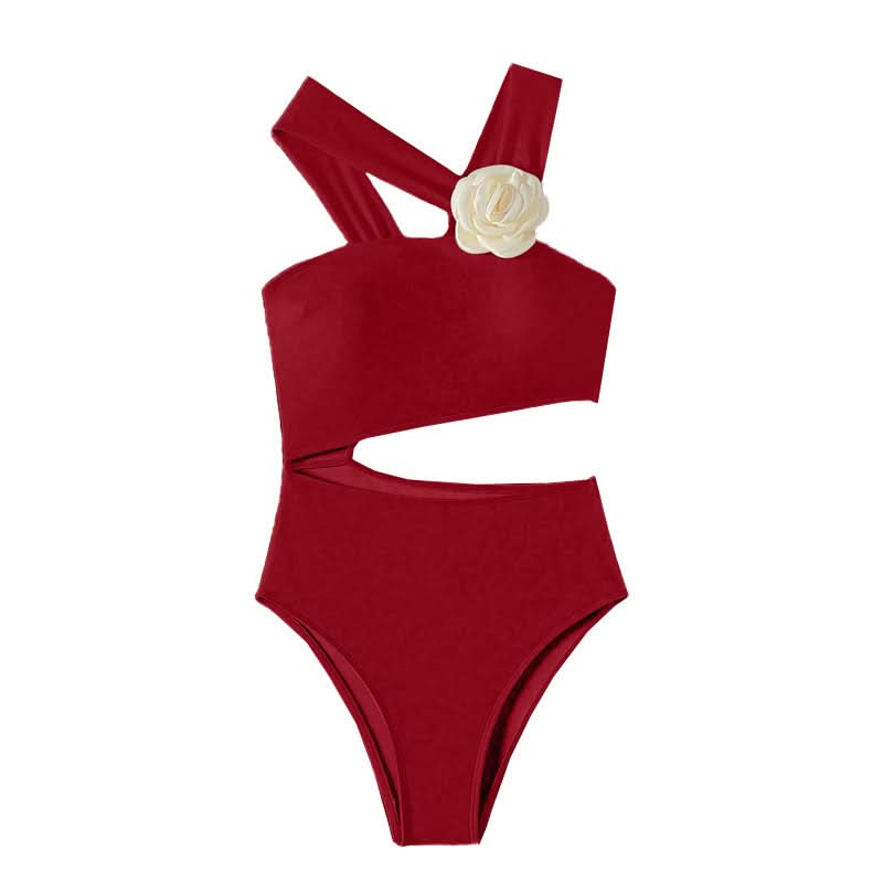 Chic Ivory Floral Cutout One-Piece Swimsuit - Flattering Asymmetrical Design for Your Next Vacation