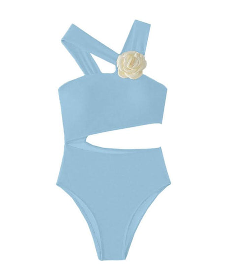 Chic Ivory Floral Cutout One-Piece Swimsuit - Flattering Asymmetrical Design for Your Next Vacation