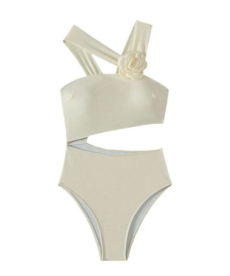 Chic Ivory Floral Cutout One-Piece Swimsuit - Flattering Asymmetrical Design for Your Next Vacation