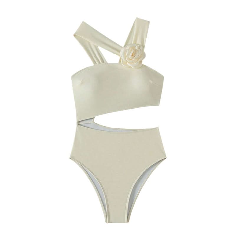 Chic Ivory Floral Cutout One-Piece Swimsuit - Flattering Asymmetrical Design for Your Next Vacation