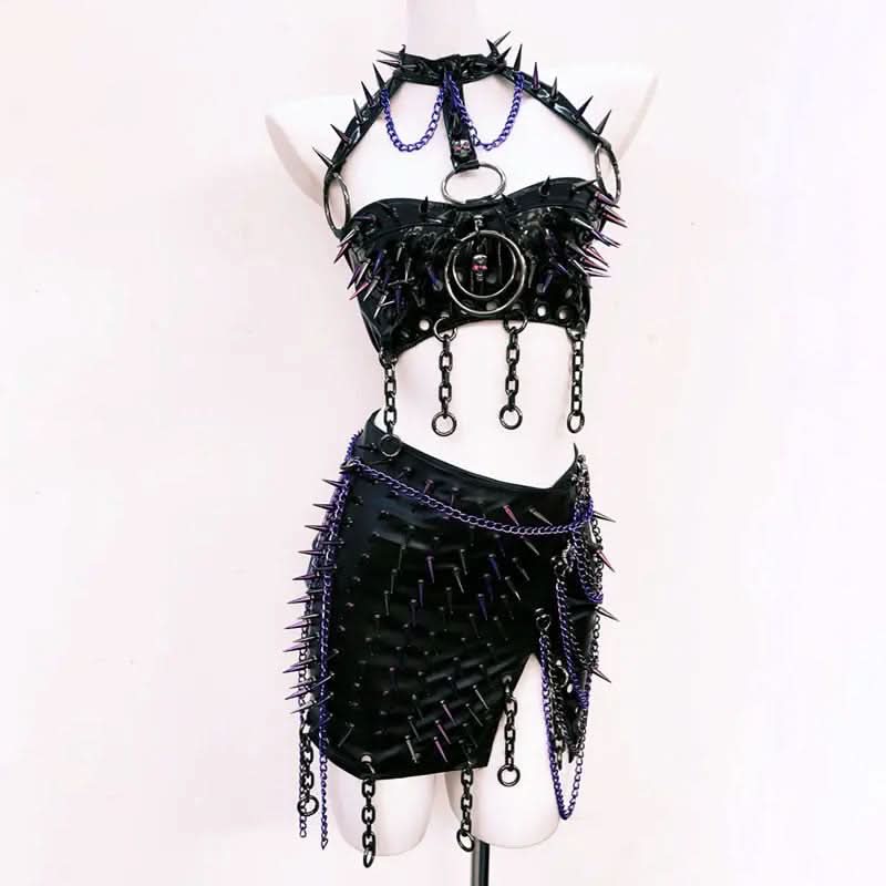 Fierce Spiked & Chained Goth Punk Faux Leather Crop Top & Slit Mini Skirt Set - Edgy Halloween & Rave Clubwear