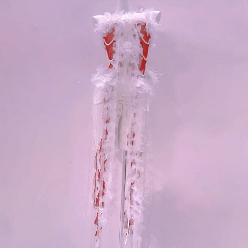 Ethereal Feather & Pearl Illusion Romper Gown - Your Dazzling Holiday & NYE Showstopper!