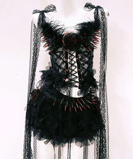 Vampire Queen Spiked Lace Corset & Ruffle Mini Set - Ultimate Halloween & Goth Glam