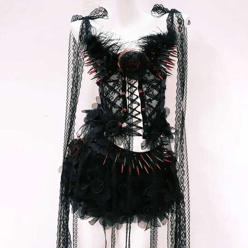 Vampire Queen Spiked Lace Corset & Ruffle Mini Set - Ultimate Halloween & Goth Glam