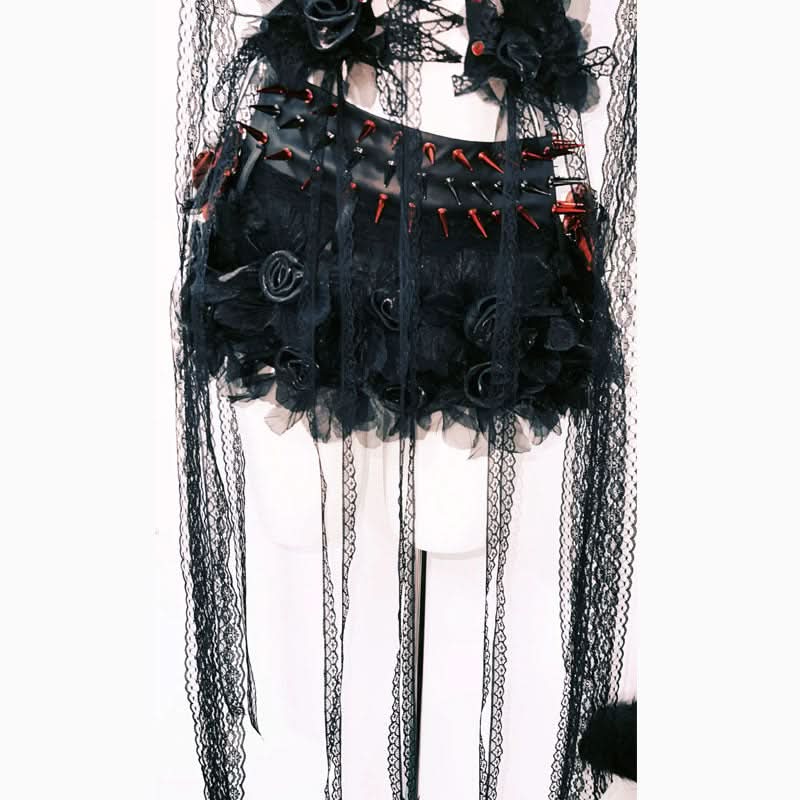 Vampire Queen Spiked Lace Corset & Ruffle Mini Set - Ultimate Halloween & Goth Glam