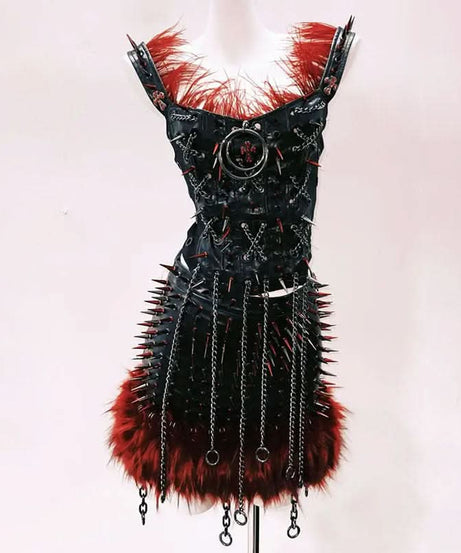 Gothic Glamour: Spiked Red Feather & Chain Corset Top - Your Ultimate Halloween & Concert Statement