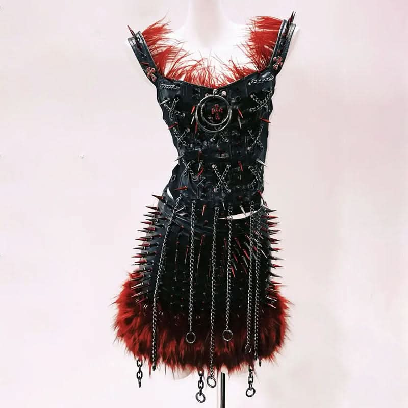 Gothic Glamour: Spiked Red Feather & Chain Corset Top - Your Ultimate Halloween & Concert Statement