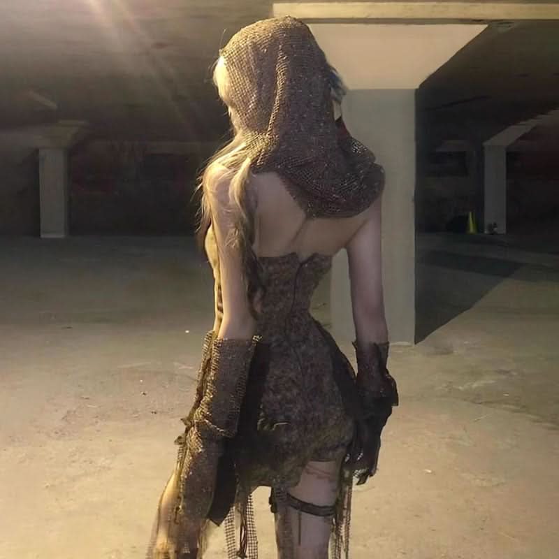 Enchanted Forest Fairy Grunge Distressed Lace-Up Corset Top & Skirt Set – Halloween & Ren Faire Ready