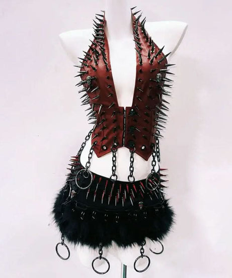 Unleash Your Edge: Fierce Spiked & Chained Halter Top – Ultimate Gothcore for Halloween & Fall Parties