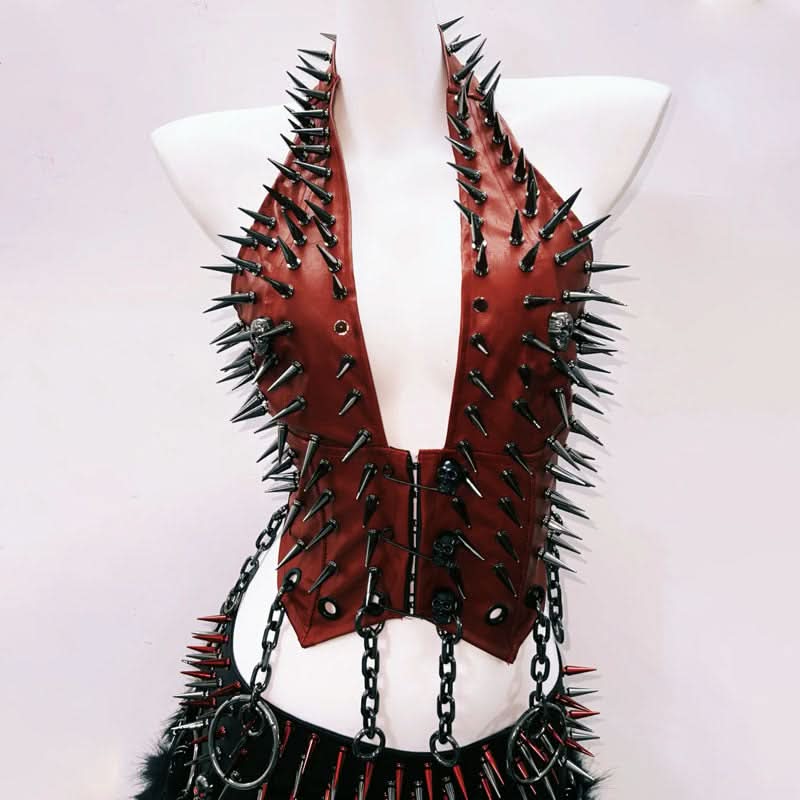 Unleash Your Edge: Fierce Spiked & Chained Halter Top – Ultimate Gothcore for Halloween & Fall Parties