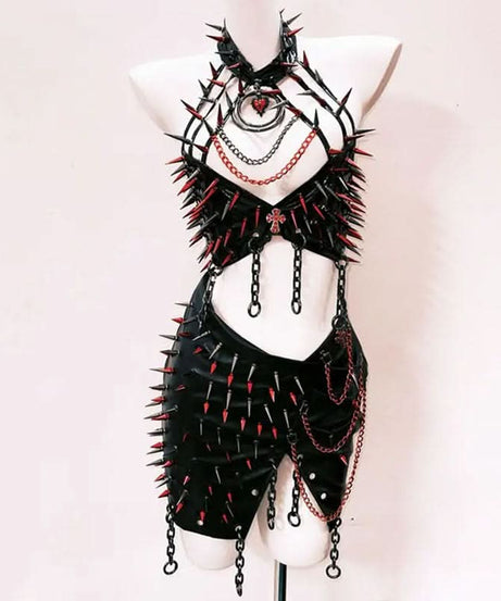 Unleash Your Edge: Spiked & Chained Gothic Halter Mini Skirt Set - Ultimate Halloween & Clubwear Statement
