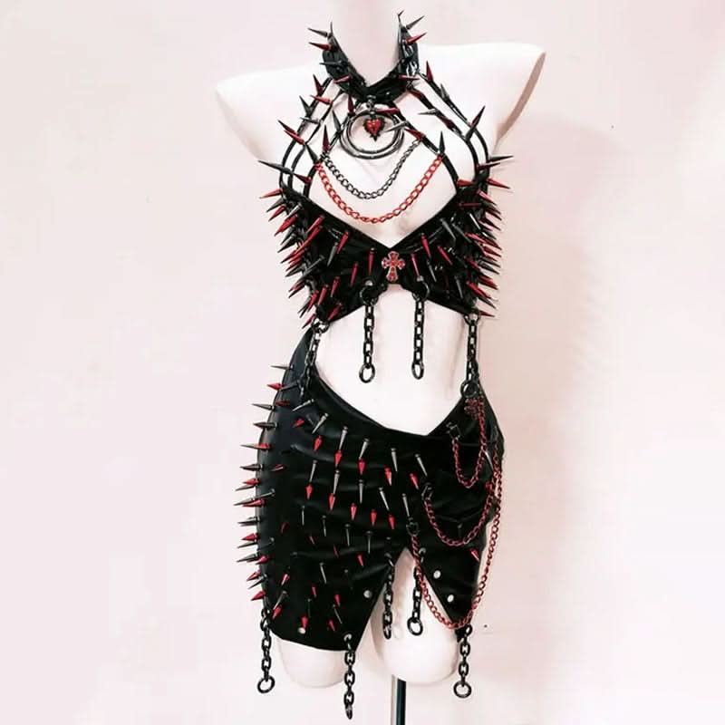 Unleash Your Edge: Spiked & Chained Gothic Halter Mini Skirt Set - Ultimate Halloween & Clubwear Statement