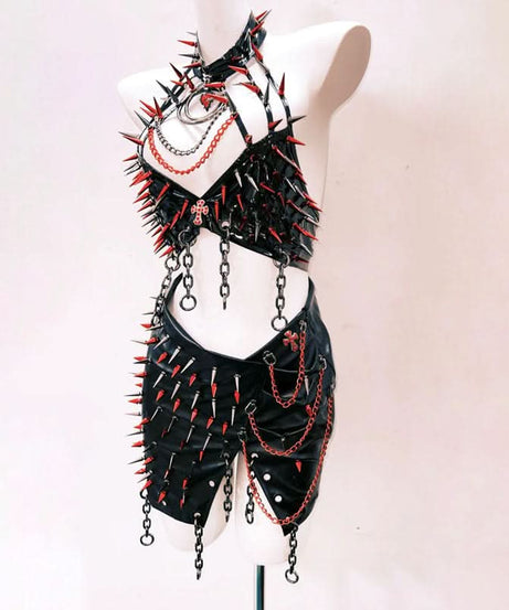 Unleash Your Edge: Spiked & Chained Gothic Halter Mini Skirt Set - Ultimate Halloween & Clubwear Statement