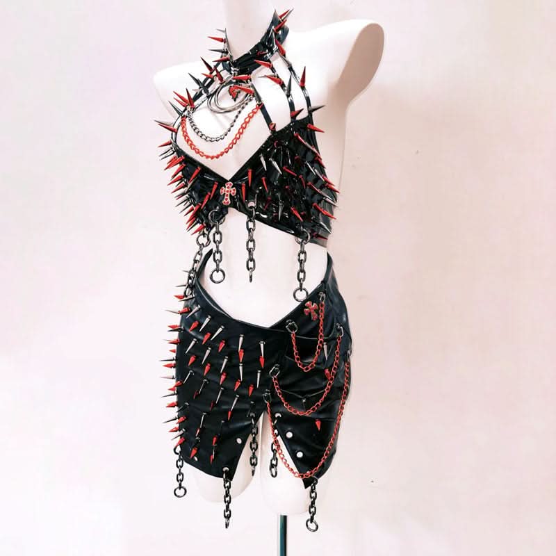 Unleash Your Edge: Spiked & Chained Gothic Halter Mini Skirt Set - Ultimate Halloween & Clubwear Statement