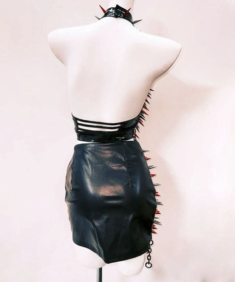 Unleash Your Edge: Spiked & Chained Gothic Halter Mini Skirt Set - Ultimate Halloween & Clubwear Statement
