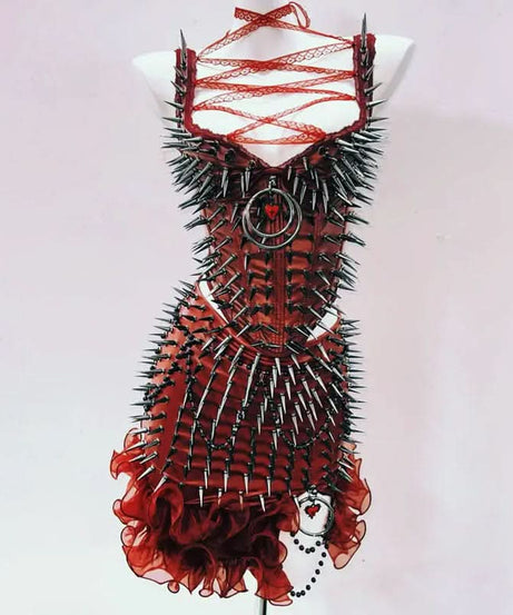 Crimson Vixen Spiked Halter Top | Lace-Up Gothcore Statement for Halloween & Fall Parties
