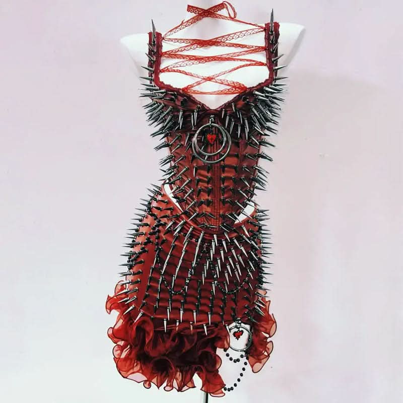 Crimson Vixen Spiked Halter Top | Lace-Up Gothcore Statement for Halloween & Fall Parties