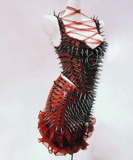 Crimson Vixen Spiked Halter Top | Lace-Up Gothcore Statement for Halloween & Fall Parties