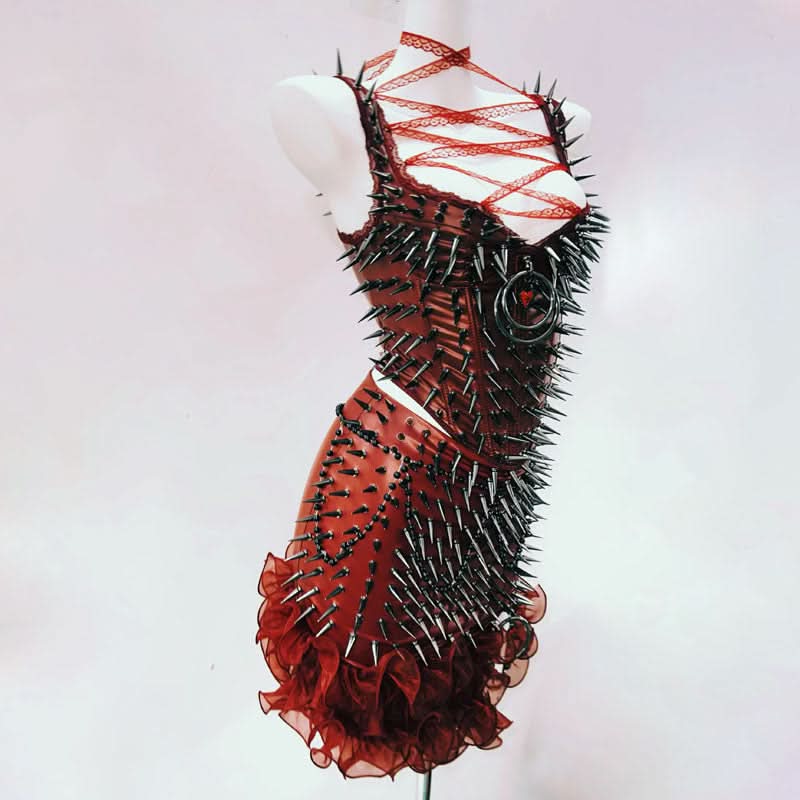 Crimson Vixen Spiked Halter Top | Lace-Up Gothcore Statement for Halloween & Fall Parties