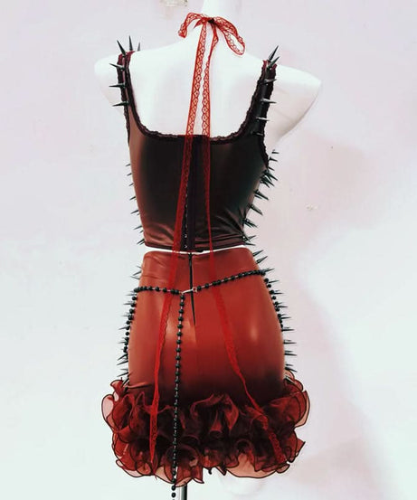 Crimson Vixen Spiked Halter Top | Lace-Up Gothcore Statement for Halloween & Fall Parties