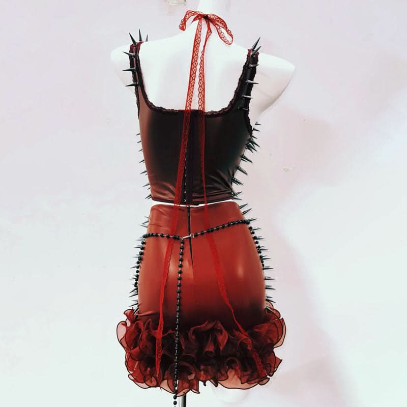 Crimson Vixen Spiked Halter Top | Lace-Up Gothcore Statement for Halloween & Fall Parties