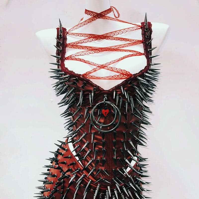 Crimson Vixen Spiked Halter Top | Lace-Up Gothcore Statement for Halloween & Fall Parties