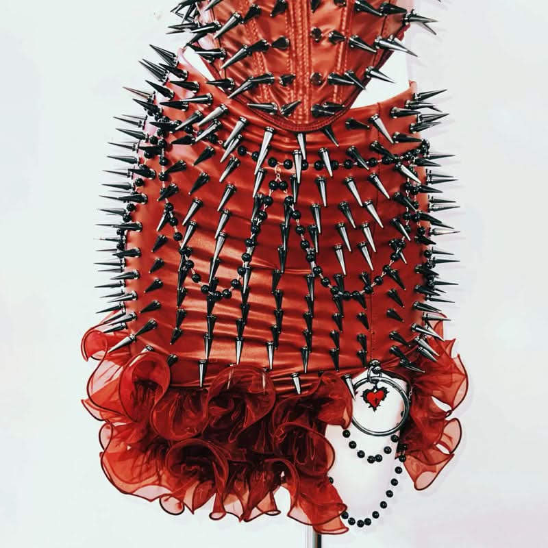 Crimson Vixen Spiked Halter Top | Lace-Up Gothcore Statement for Halloween & Fall Parties