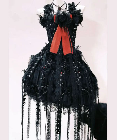 Enchanting Gothic Glamour Mini Dress | Lace-Up, Red Bow & Ruffles – Perfect for Halloween & Fall Events