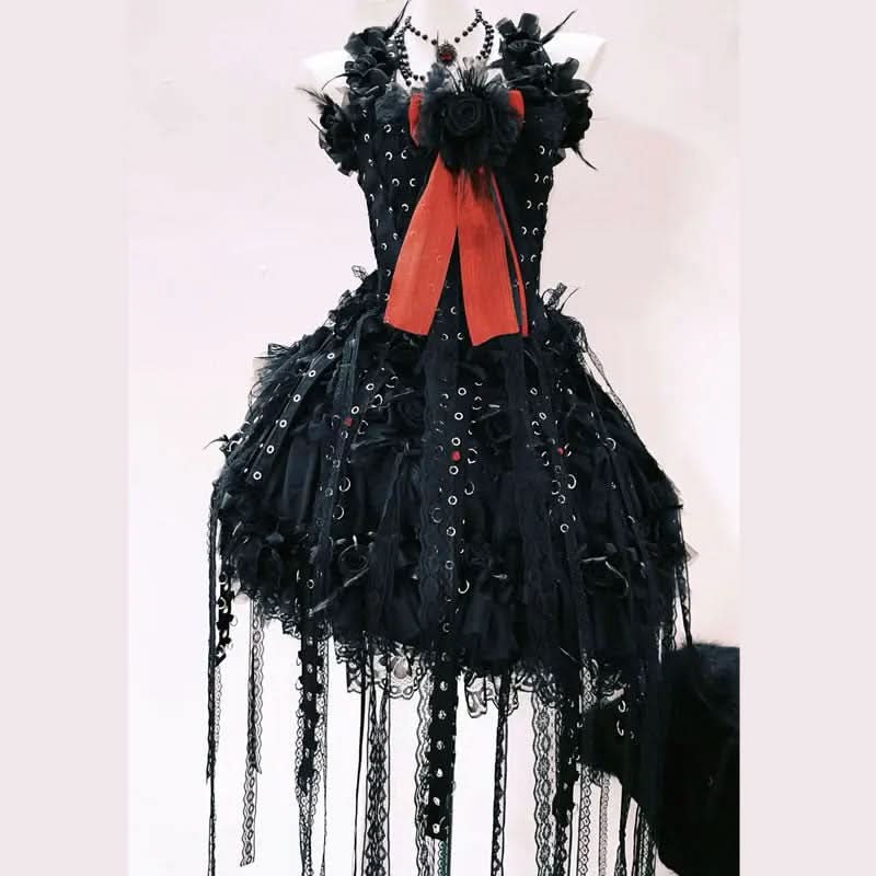 Enchanting Gothic Glamour Mini Dress | Lace-Up, Red Bow & Ruffles – Perfect for Halloween & Fall Events
