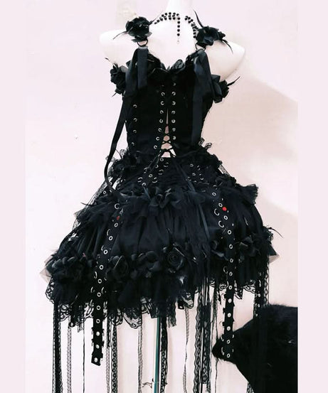 Enchanting Gothic Glamour Mini Dress | Lace-Up, Red Bow & Ruffles – Perfect for Halloween & Fall Events
