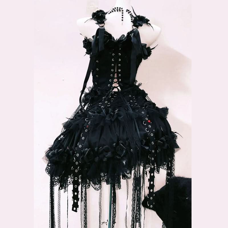 Enchanting Gothic Glamour Mini Dress | Lace-Up, Red Bow & Ruffles – Perfect for Halloween & Fall Events