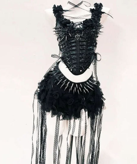Spiked Gothic Faux Leather Corset & Tulle Skirt Set - Halloween & Fall Festival Ready