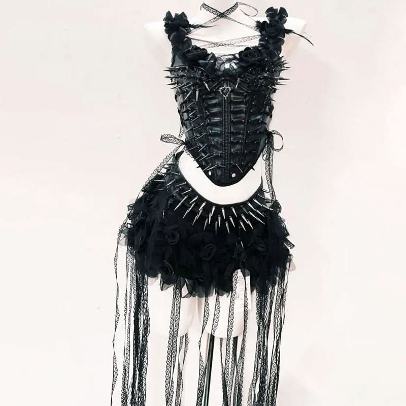 Spiked Gothic Faux Leather Corset & Tulle Skirt Set - Halloween & Fall Festival Ready