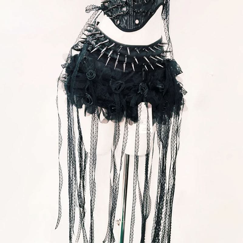 Spiked Gothic Faux Leather Corset & Tulle Skirt Set - Halloween & Fall Festival Ready