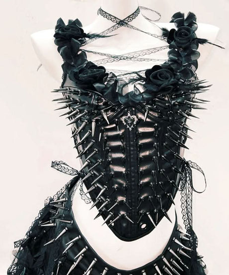 Spiked Gothic Faux Leather Corset & Tulle Skirt Set - Halloween & Fall Festival Ready
