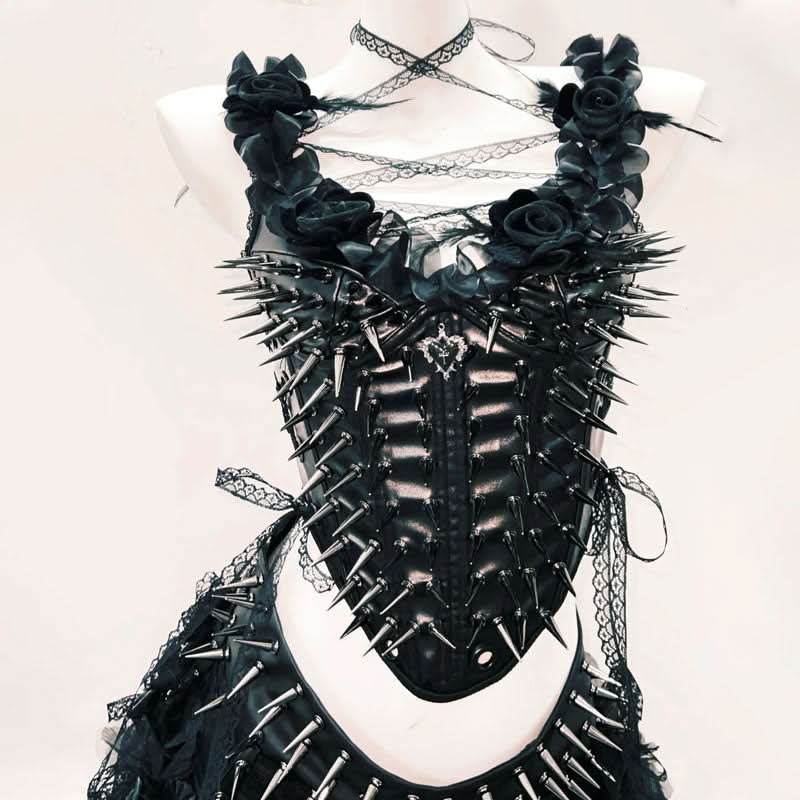 Spiked Gothic Faux Leather Corset & Tulle Skirt Set - Halloween & Fall Festival Ready