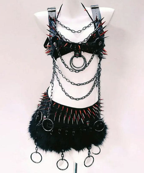 Unleash Your Inner Rebel: Spiked Skull & Chain Harness Top - Gothic Rave Festival Bralette for Halloween