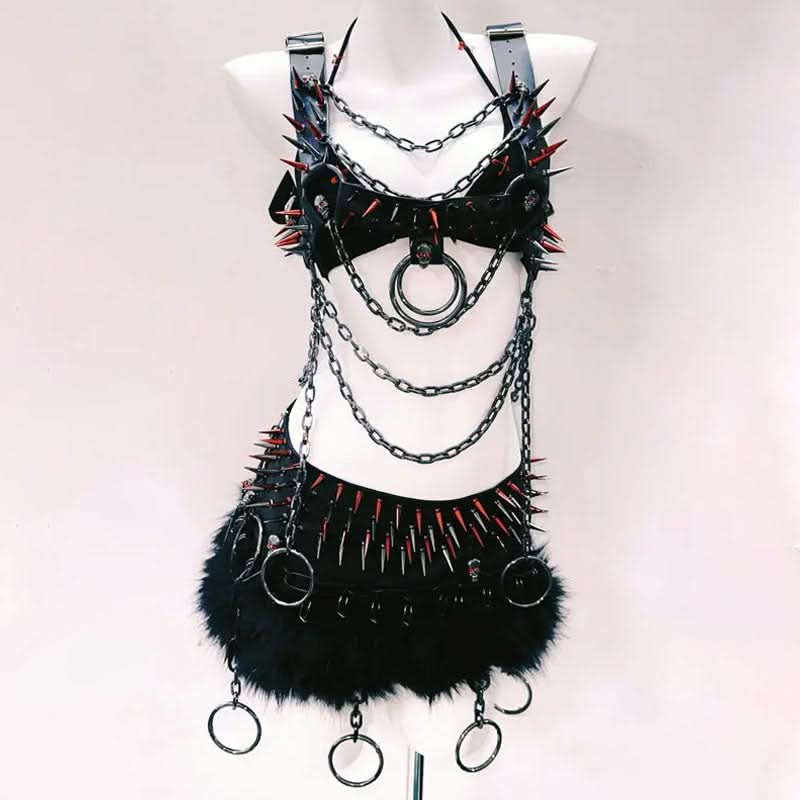 Unleash Your Inner Rebel: Spiked Skull & Chain Harness Top - Gothic Rave Festival Bralette for Halloween