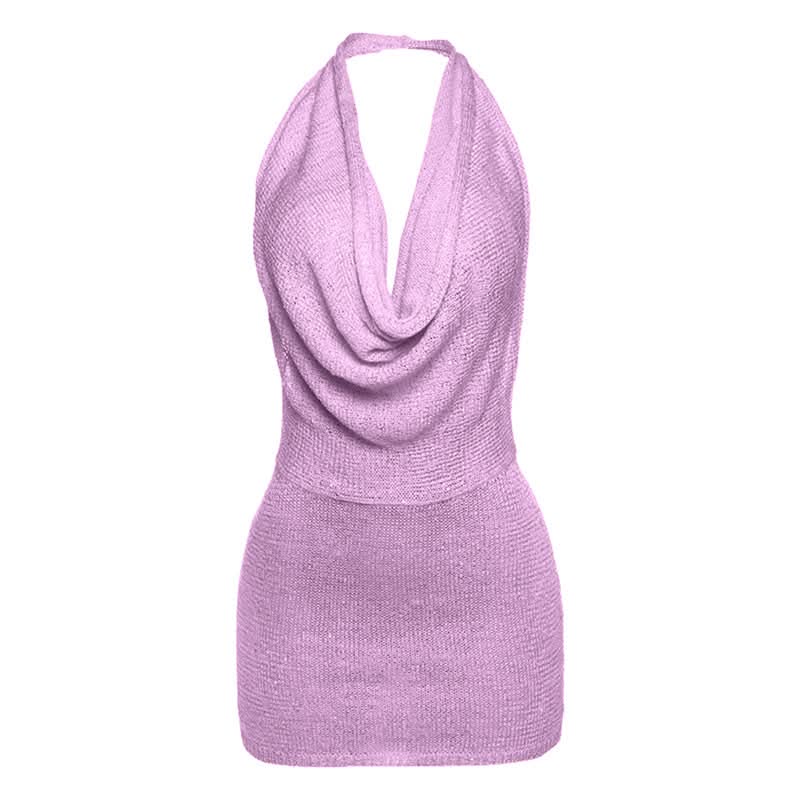 Sultry Knit Halter Cowl Neck Mini Dress - Backless Bodycon for Fall Parties & Resort Getaways