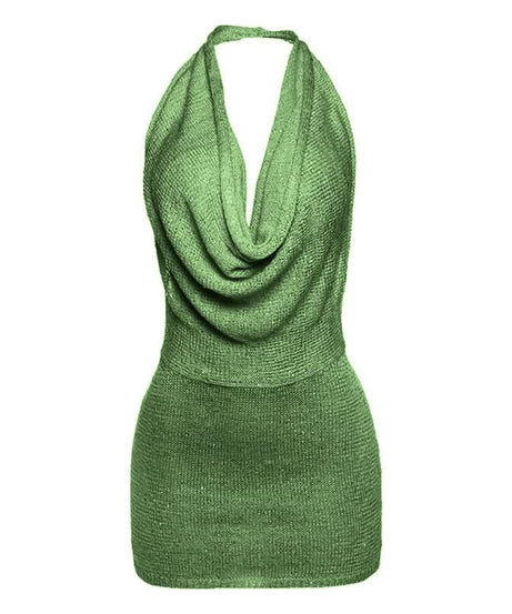 Sultry Knit Halter Cowl Neck Mini Dress - Backless Bodycon for Fall Parties & Resort Getaways
