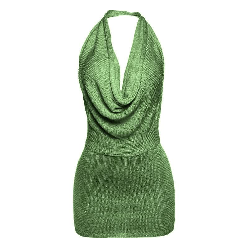 Sultry Knit Halter Cowl Neck Mini Dress - Backless Bodycon for Fall Parties & Resort Getaways