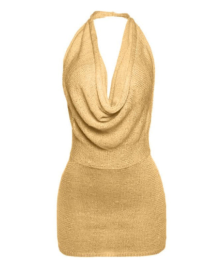 Sultry Knit Halter Cowl Neck Mini Dress - Backless Bodycon for Fall Parties & Resort Getaways